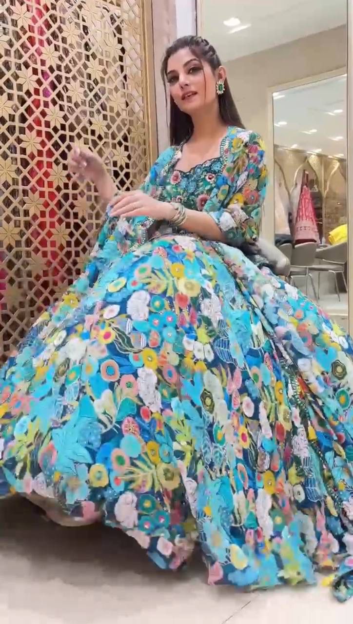 Blue Floral Georgette Lehenga Set with Heavy Flare