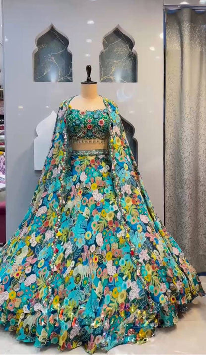 Blue Floral Georgette Lehenga Set with Heavy Flare for Women