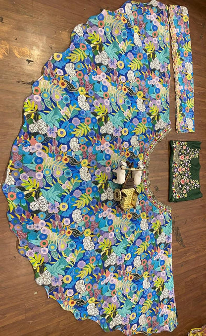 Blue Floral Georgette Lehenga Set with Heavy Flare for Women