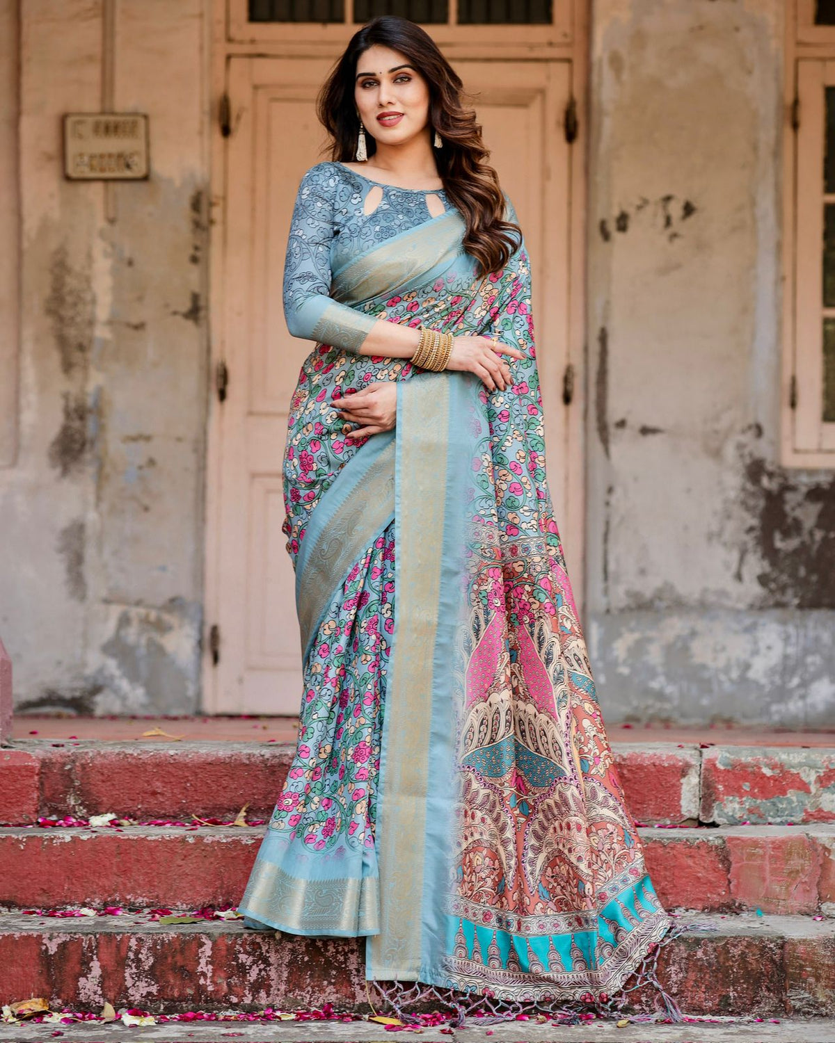 Blue Floral Heritage Silk Saree – for Women