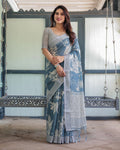 Blue Floral Linen Saree with Elegant White Prints