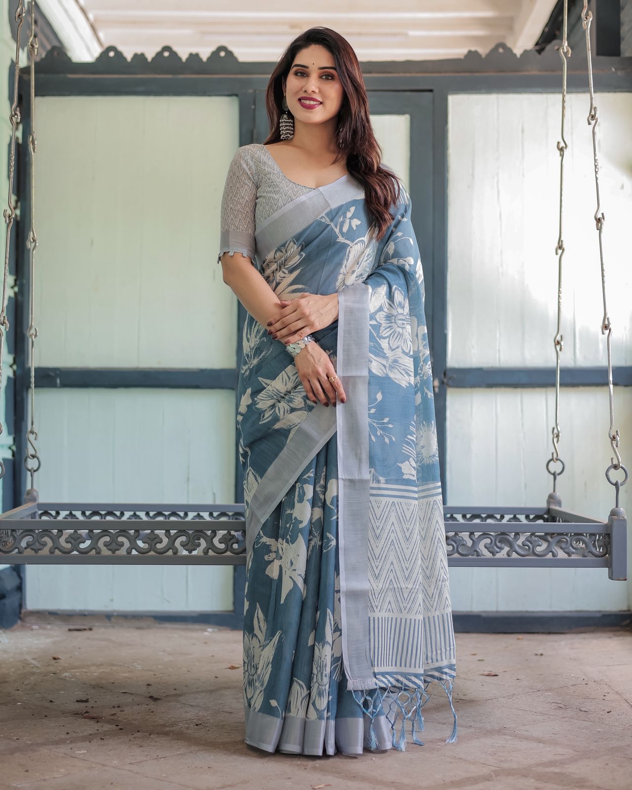 Blue Floral Linen Saree with Elegant White Prints