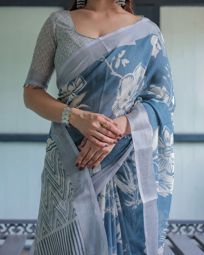 Blue Floral Linen Saree with Elegant White Prints for Women