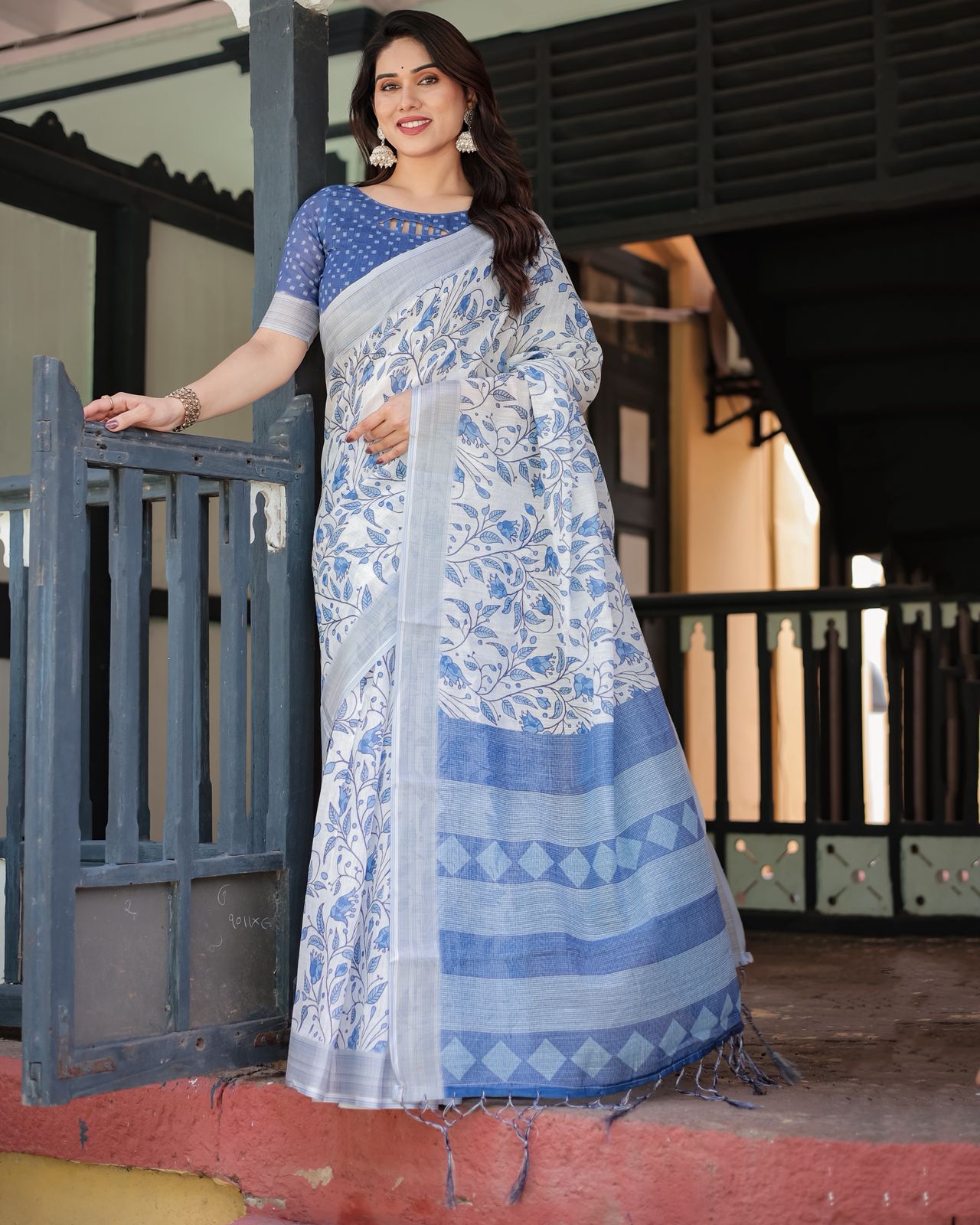 White Blue Floral Linen Saree with Elegant Print