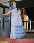 White Blue Floral Linen Saree with Elegant Print for Women