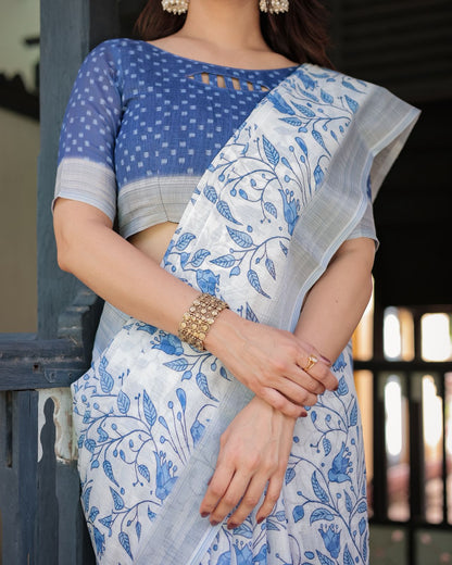 White Blue Floral Linen Saree with Elegant Print for Women