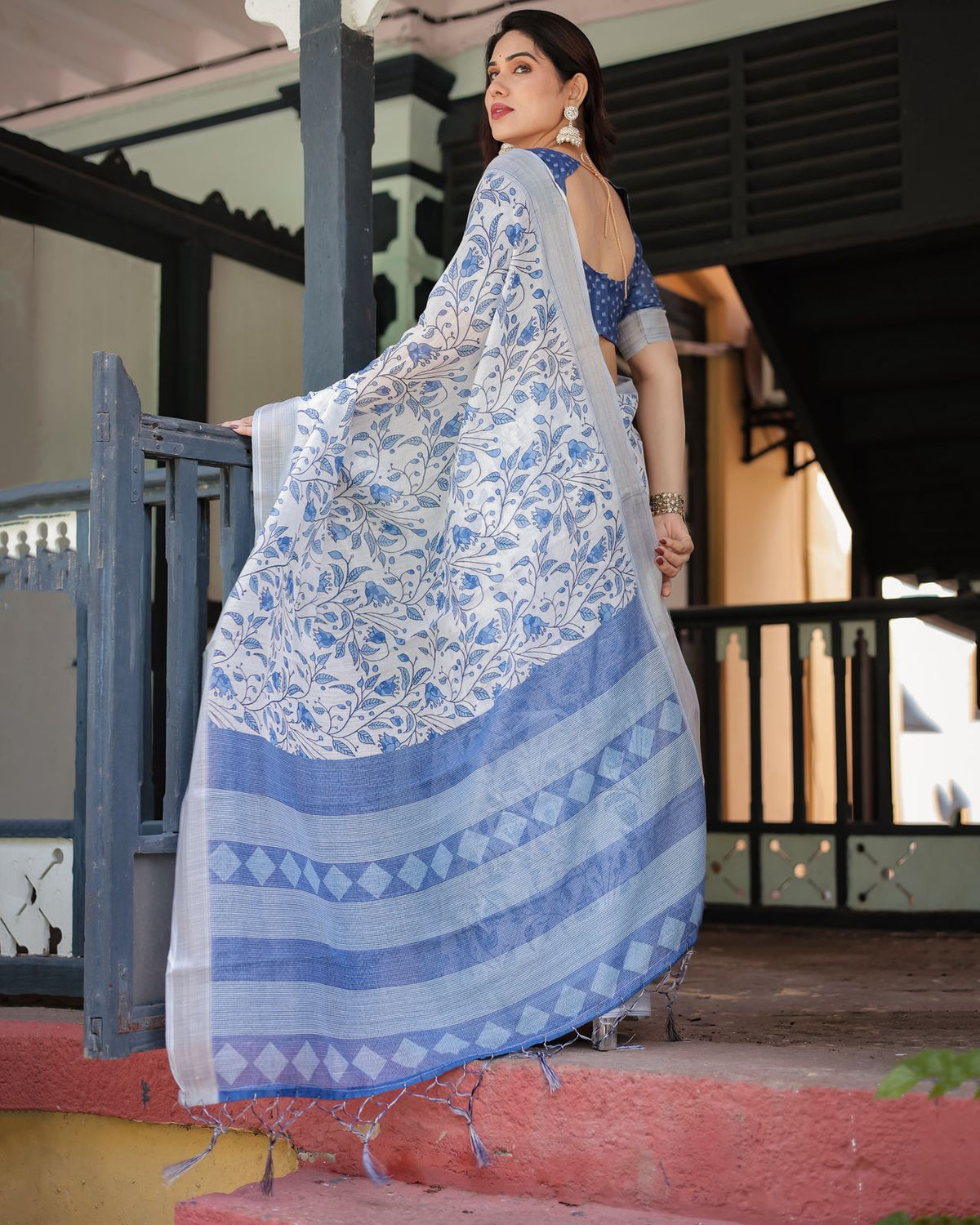 White Blue Floral Linen Saree with Elegant Print for Women