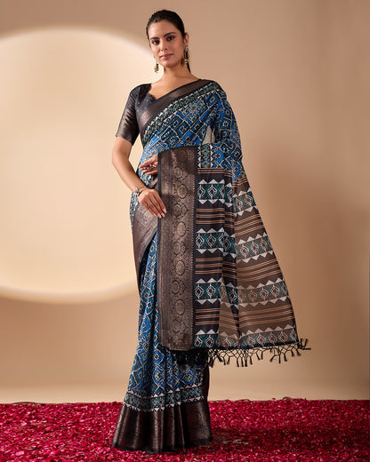 Blue Geometric Lichi Silk Saree with Digital Print and Copper Zari
