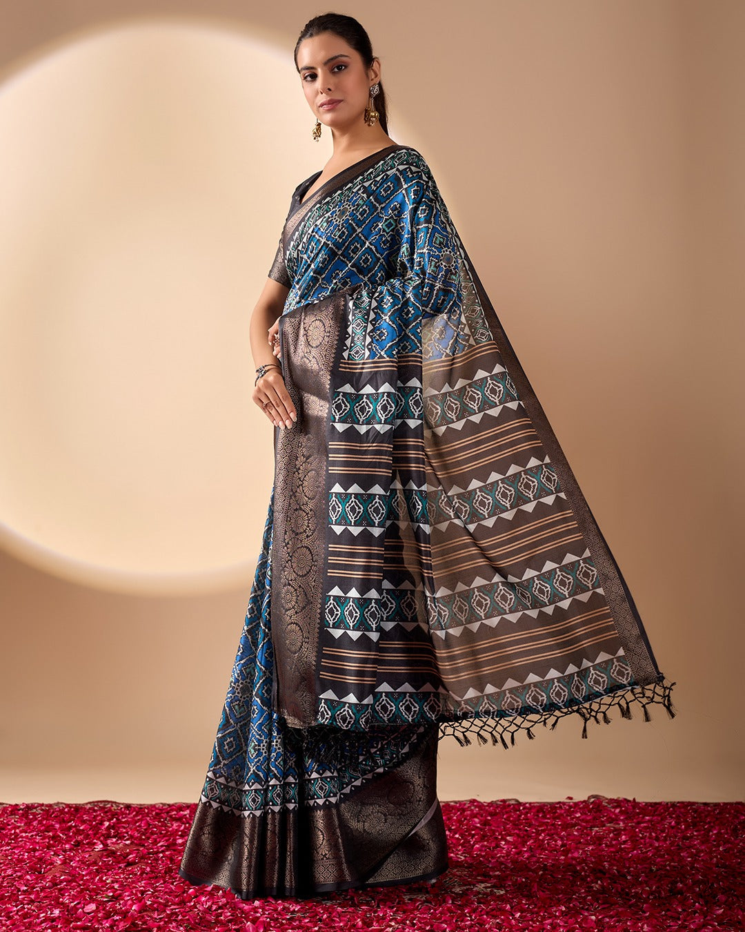 Blue Geometric Lichi Silk Saree with Digital Print and Copper Zari