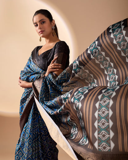 Blue Geometric Lichi Silk Saree with Digital Print and Copper Zari