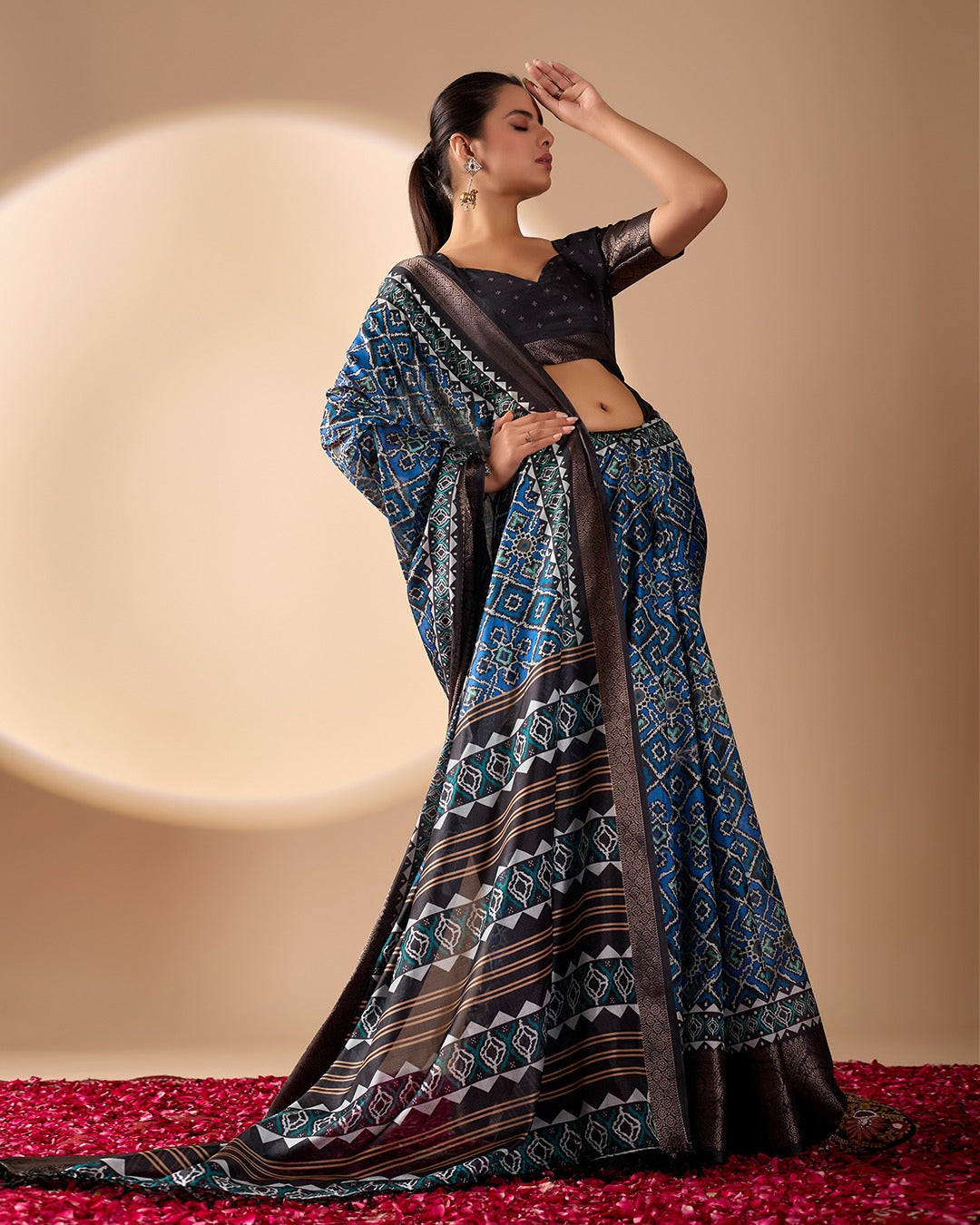 Blue Geometric Lichi Silk Saree with Digital Print and Copper Zari