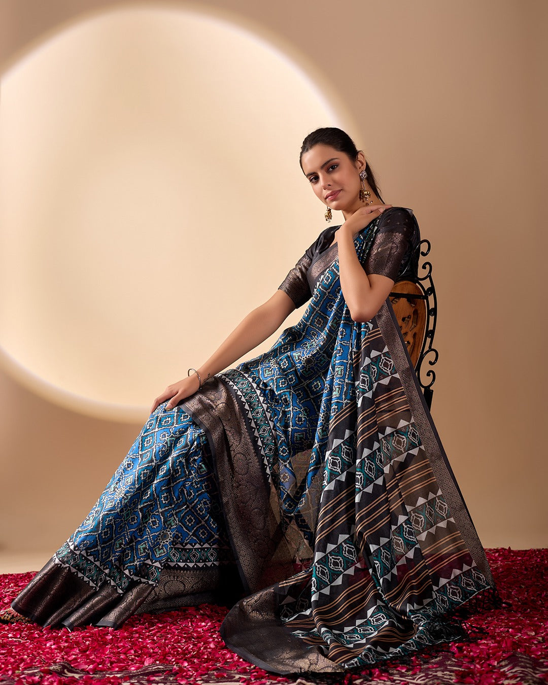 Blue Geometric Lichi Silk Saree with Digital Print and Copper Zari