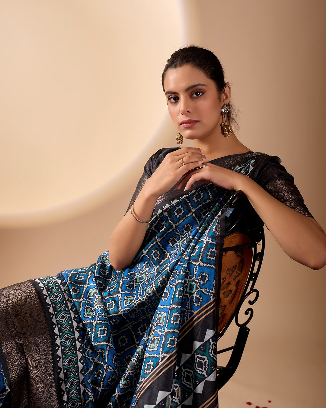 Blue Geometric Lichi Silk Saree with Digital Print and Copper Zari