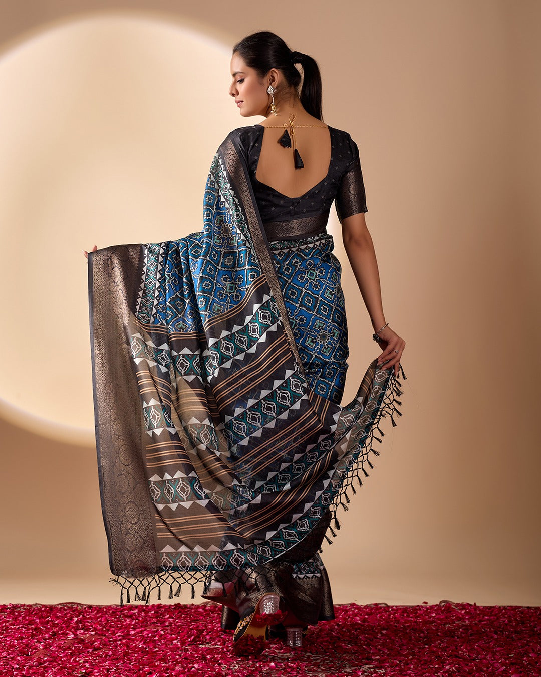 Blue Geometric Lichi Silk Saree with Digital Print and Copper Zari