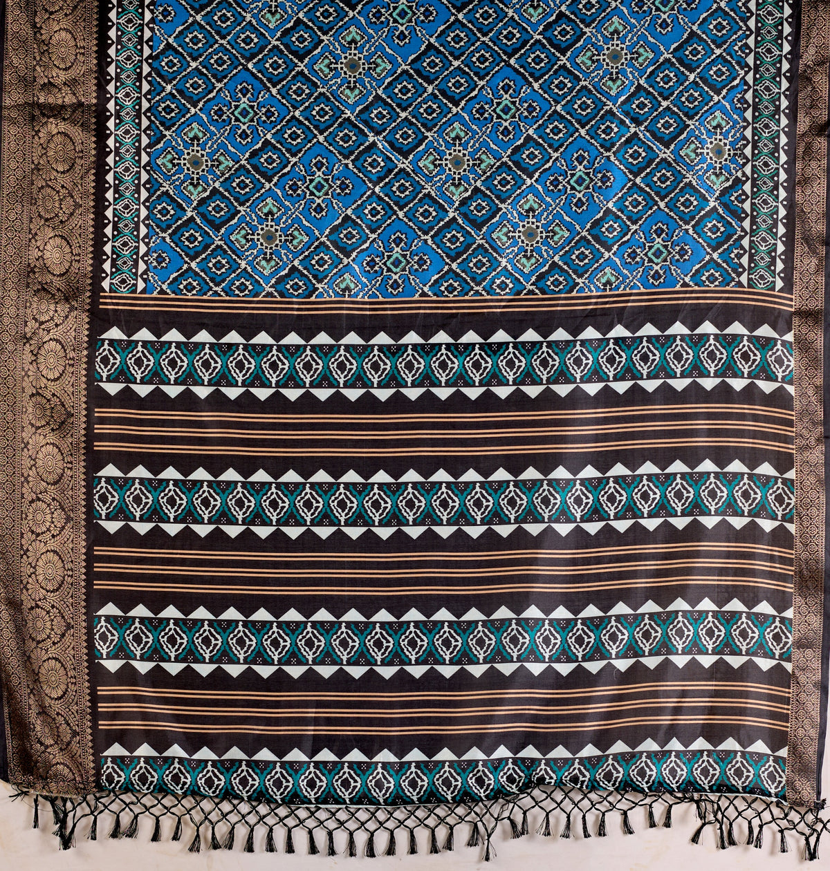 Blue Geometric Lichi Silk Saree with Digital Print and Copper Zari