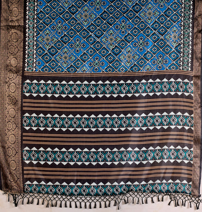Blue Geometric Lichi Silk Saree with Digital Print and Copper Zari