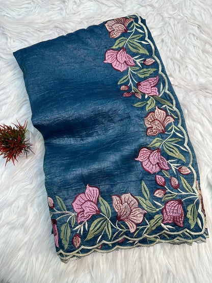 Teal Blue Gold Crush Saree with Floral Threadwork for Women