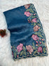 Teal Blue Gold Crush Saree with Floral Threadwork for Women