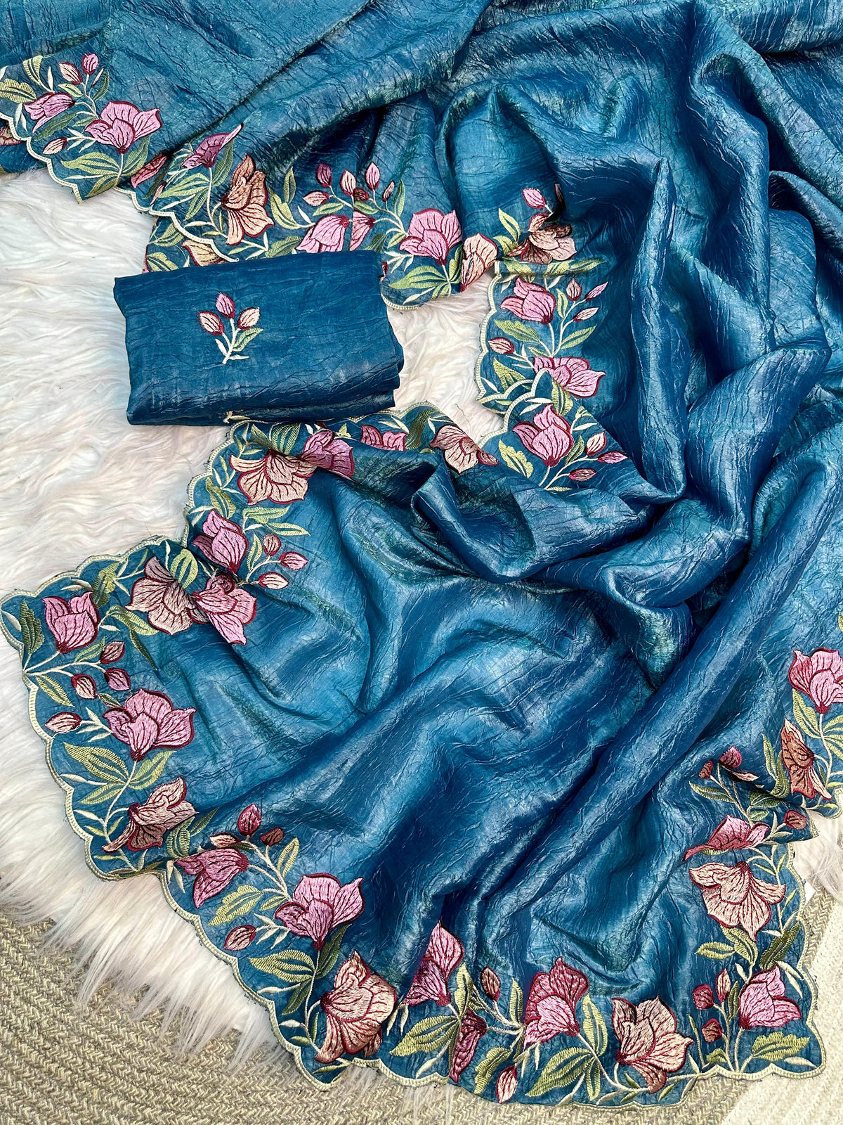 Teal Blue Gold Crush Saree with Floral Threadwork for Women