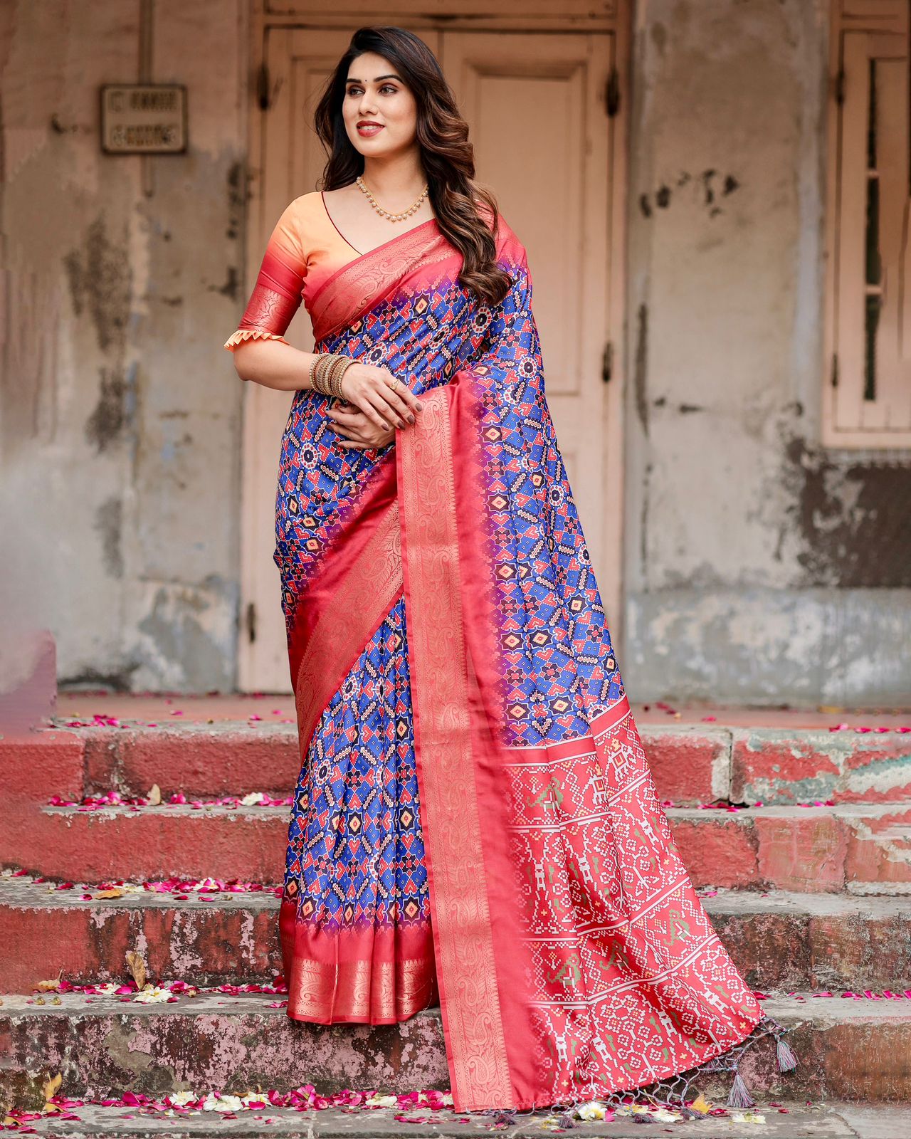 Blue Red Ikat Silk Saree Online with Zari | Varnavi
