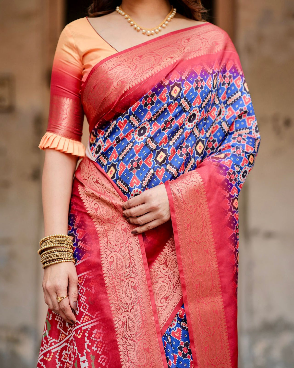 Blue Red Ikat Silk Saree with Zari for Women