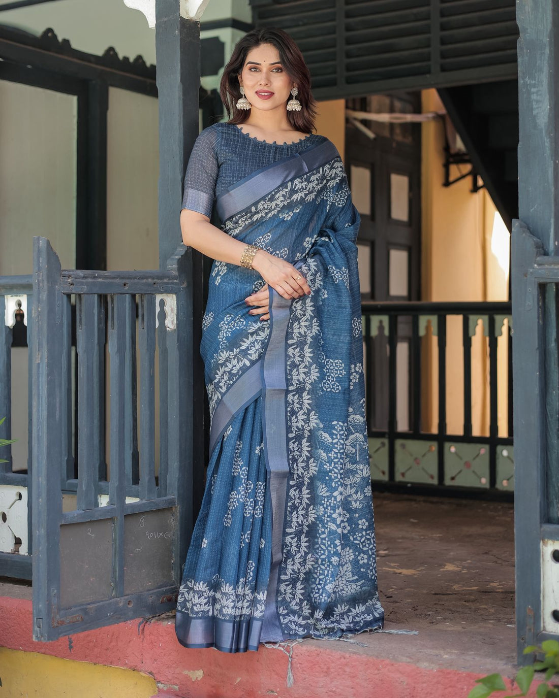 Blue Floral Linen Saree with Elegant Border Design for Women
