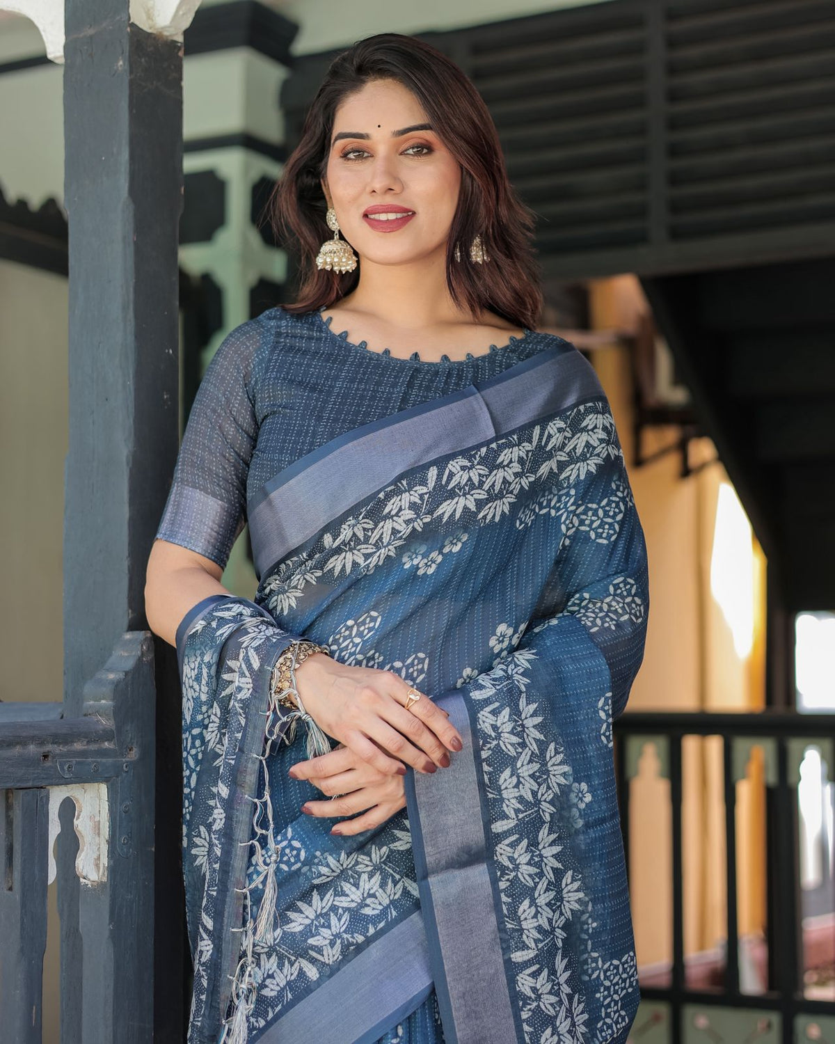 Blue Floral Linen Saree with Elegant Border Design for Women