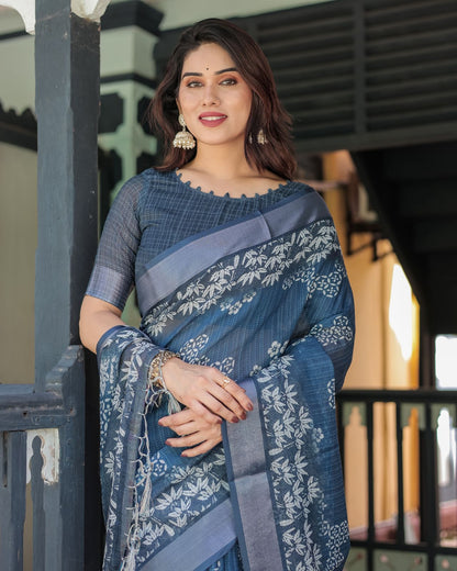 Blue Floral Linen Saree with Elegant Border Design for Women