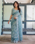 Pastel Blue Linen Saree with Geometric Floral Print