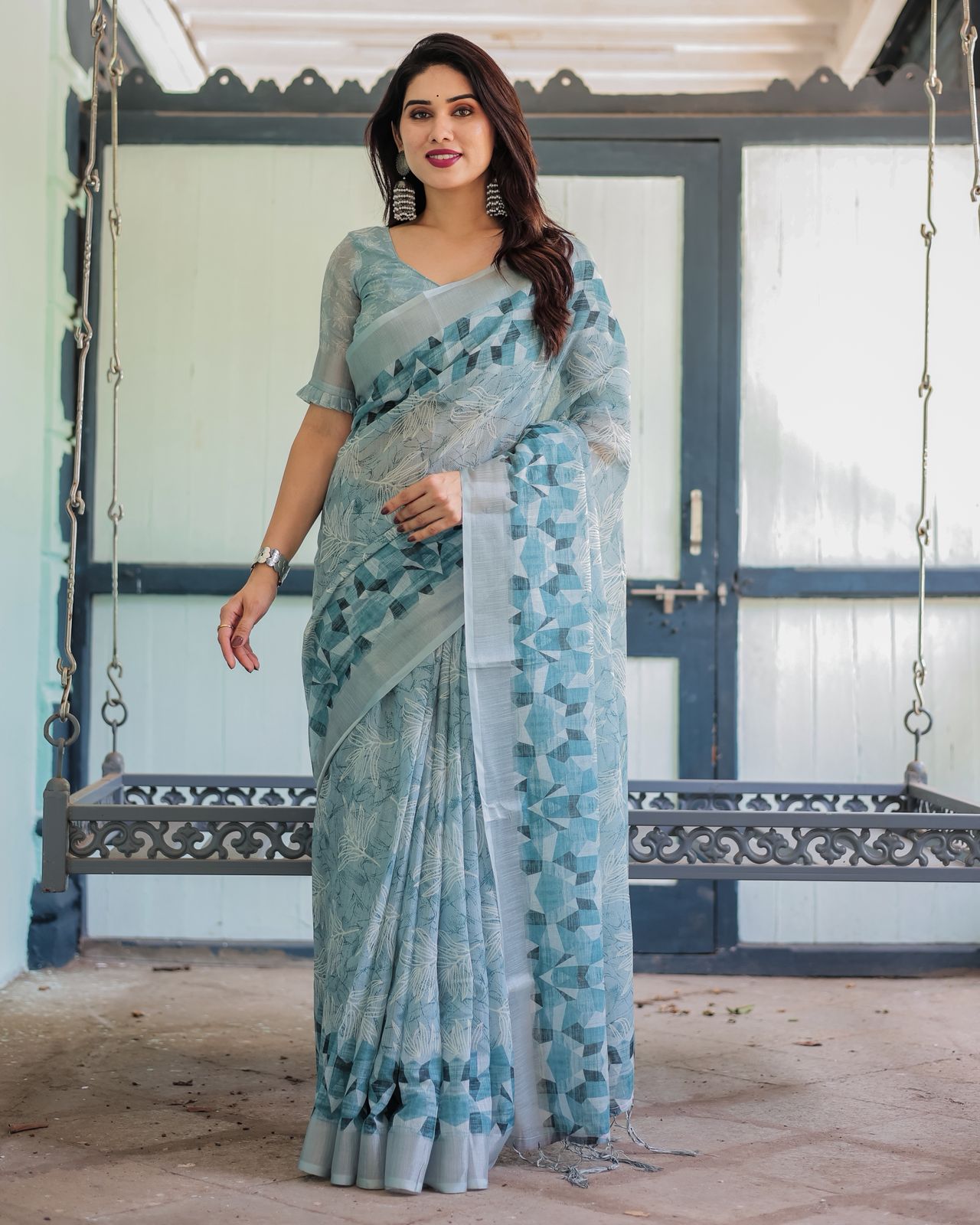Pastel Blue Linen Saree with Geometric Floral Print