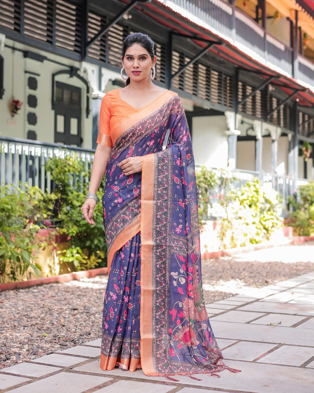 Royal Blue Linen Saree with Vibrant Orange Border Design for Women