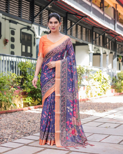 Royal Blue Linen Saree with Vibrant Orange Border Design for Women