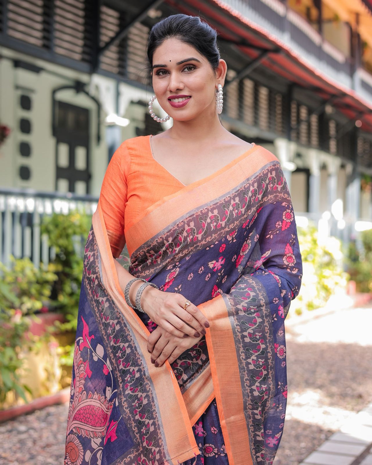 Royal Blue Linen Saree with Vibrant Orange Border Design for Women