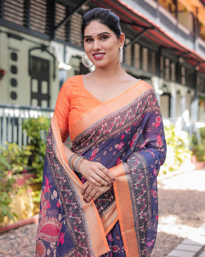 Royal Blue Linen Saree with Vibrant Orange Border Design for Women