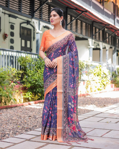 Royal Blue Linen Saree with Vibrant Orange Border Design for Women