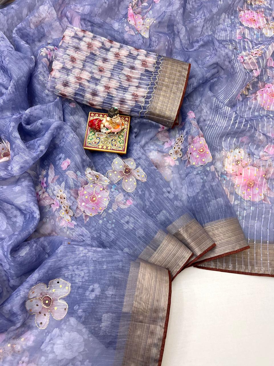 Periwinkle Blue Organza Cotton Silk Saree With Sequin for Women