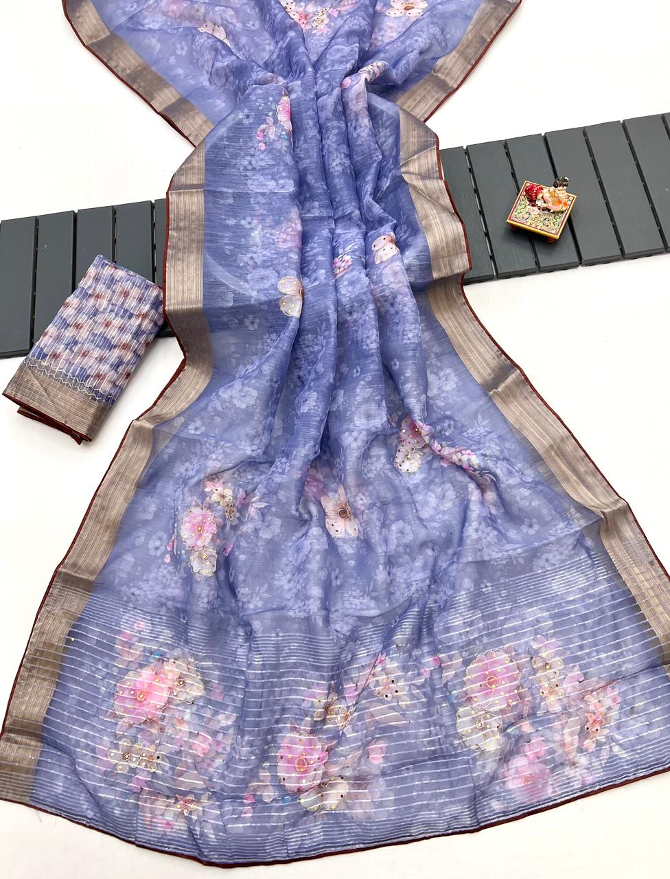 Periwinkle Blue Organza Cotton Silk Saree With Sequin for Women