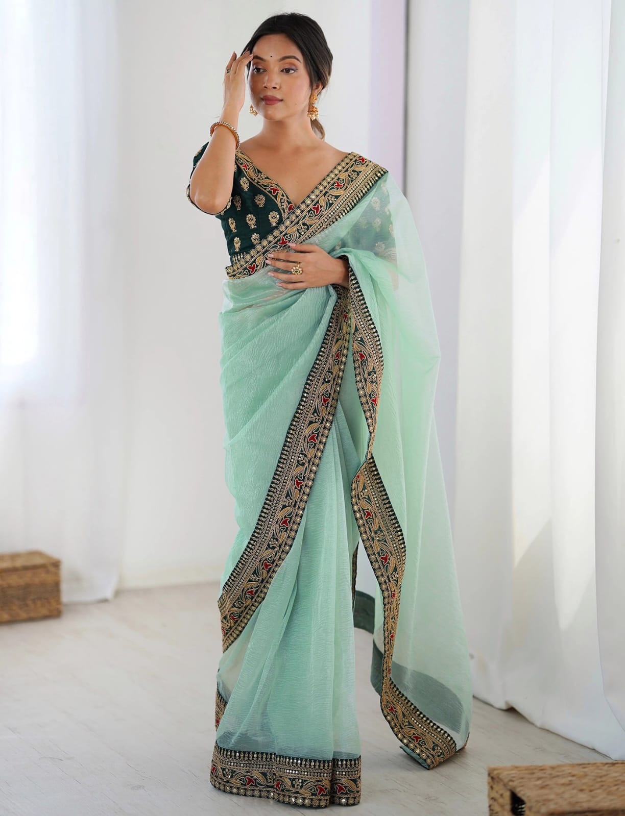 Sky Blue Party Wear Saree with Embroidered Blouse