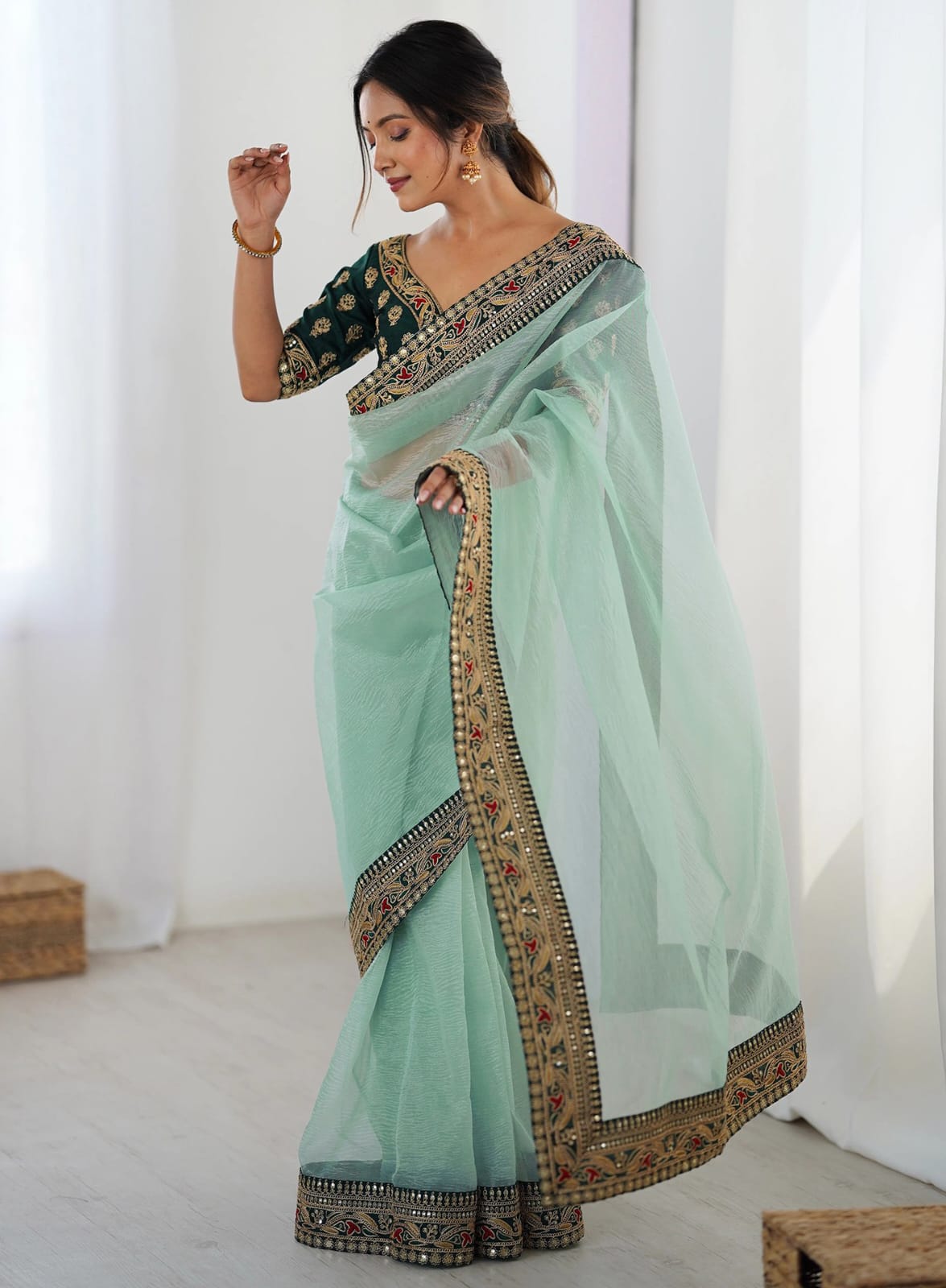 Sky Blue Party Wear Saree with Embroidered Blouse for Women