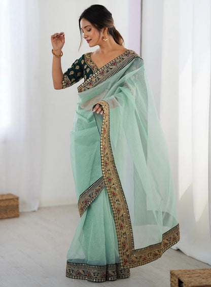Sky Blue Party Wear Saree with Embroidered Blouse for Women