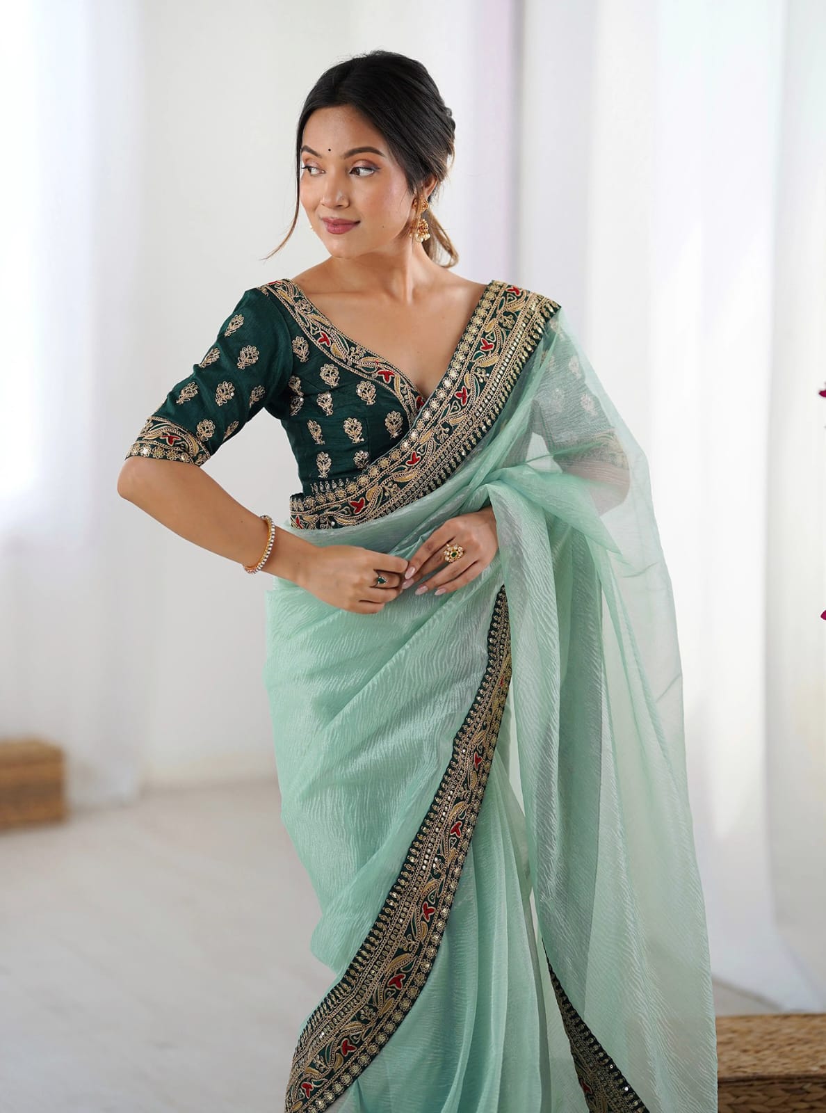 Sky Blue Party Wear Saree with Embroidered Blouse for Women