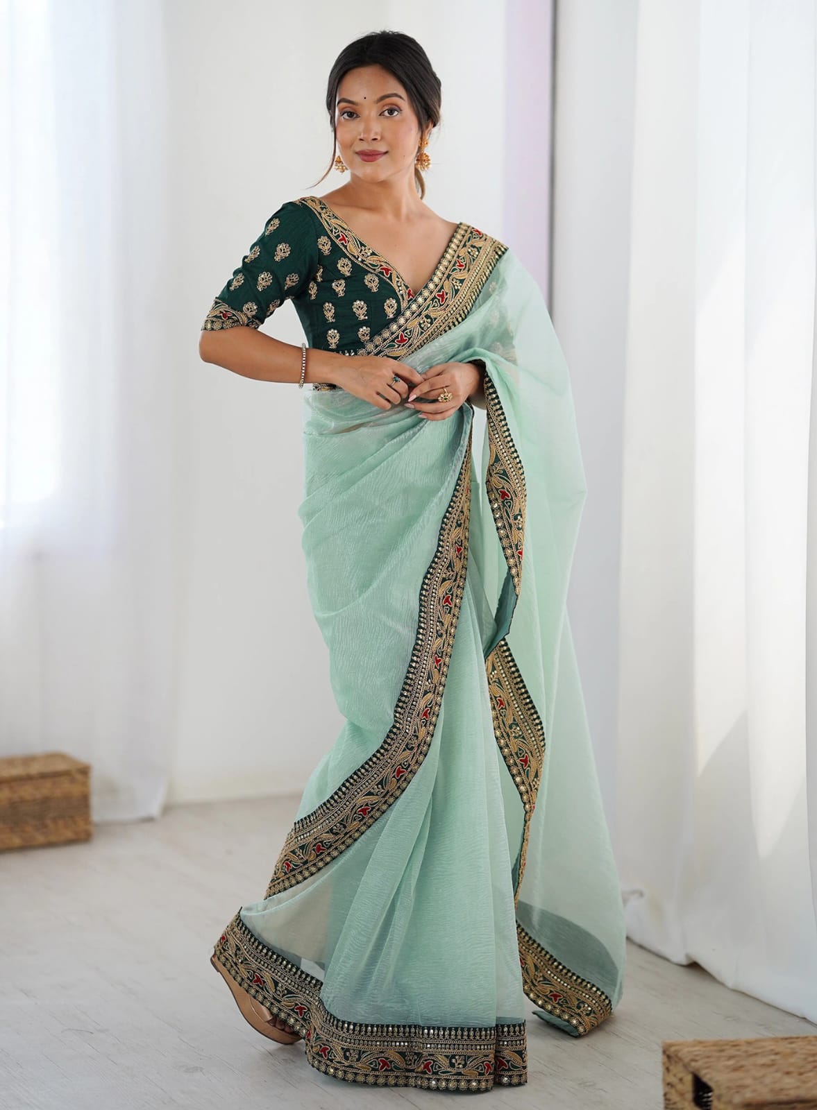 Sky Blue Party Wear Saree with Embroidered Blouse for Women
