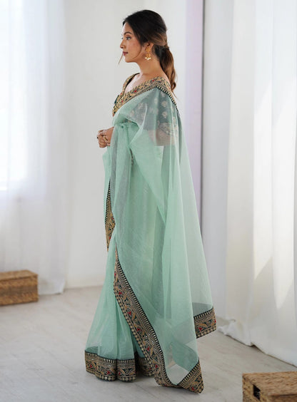 Sky Blue Party Wear Saree with Embroidered Blouse for Women