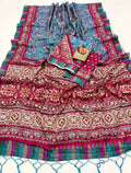 Blue Designer Pashmina Saree With Shawl & Blouse Piece