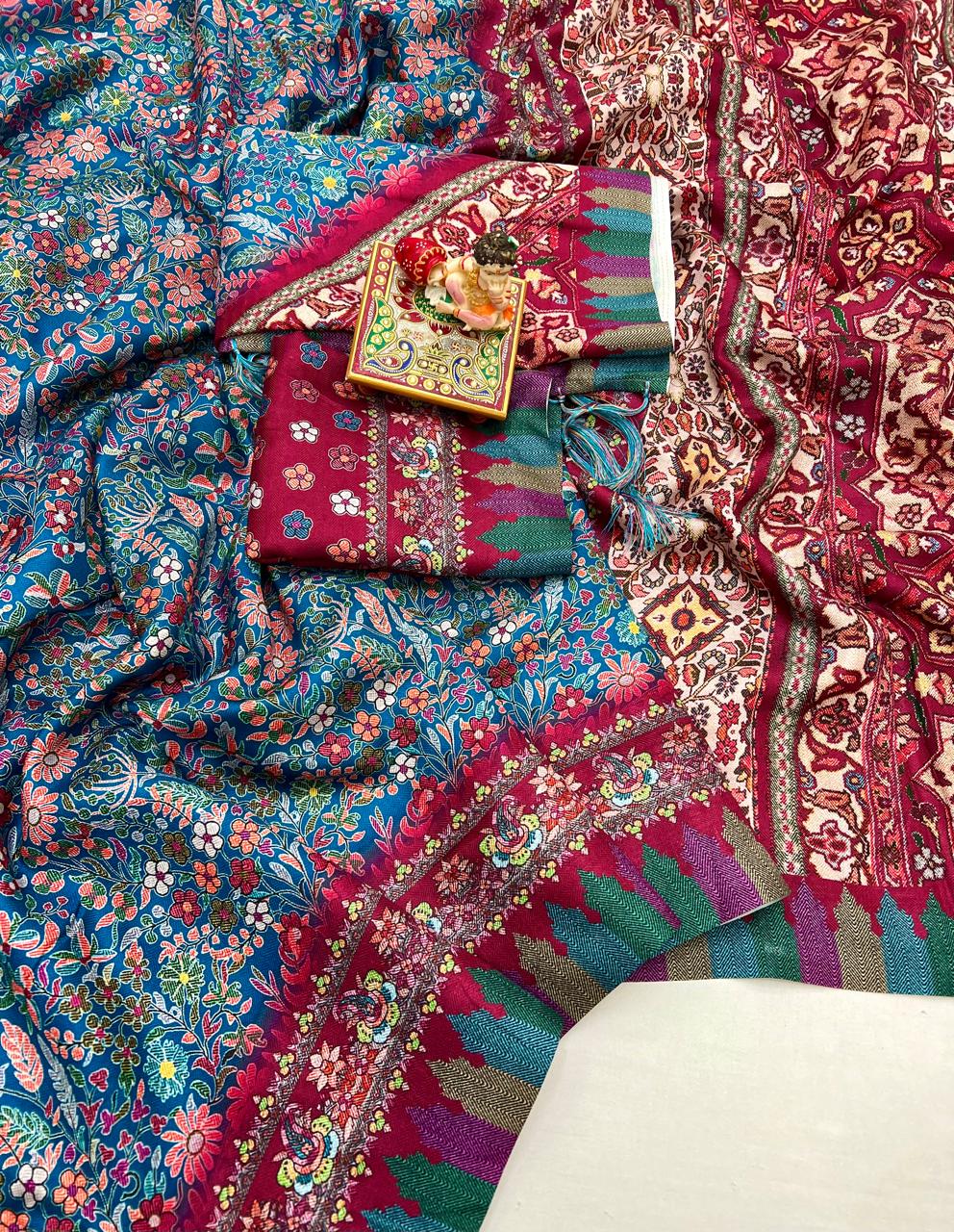 Blue Designer Pashmina Saree With Shawl &amp; Blouse Piece for Women