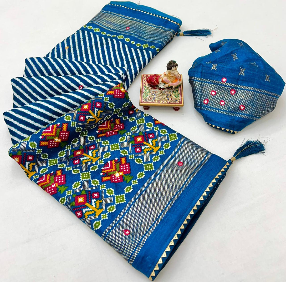 Royal Blue Patola Design Pashmina Silk Saree With Mirror for Women