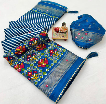 Royal Blue Patola Design Pashmina Silk Saree With Mirror for Women