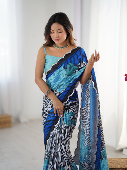 Blue Petal Elegance Chinnon Saree for Women