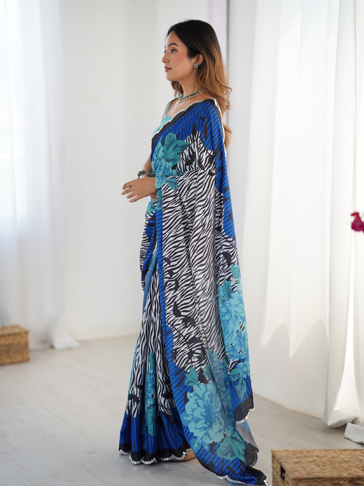 Blue Petal Elegance Chinnon Saree for Women