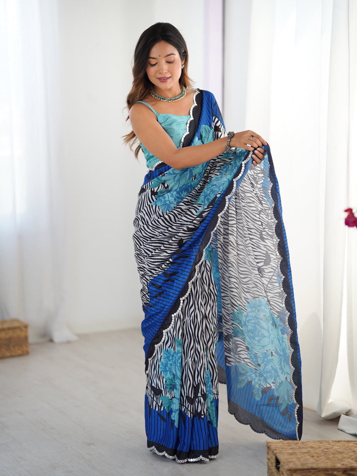 Blue Petal Elegance Chinnon Saree for Women